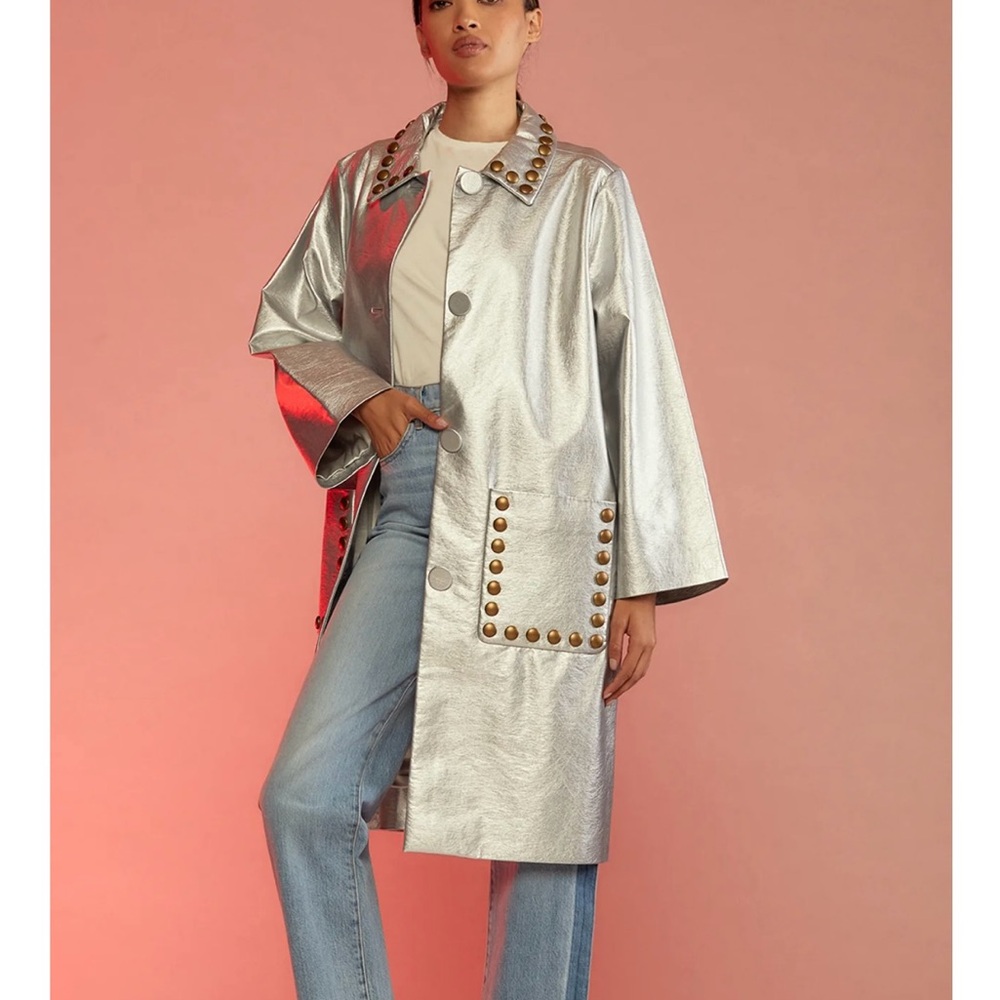 Cynthia Rowley Silver Trench Coat with Studded Details